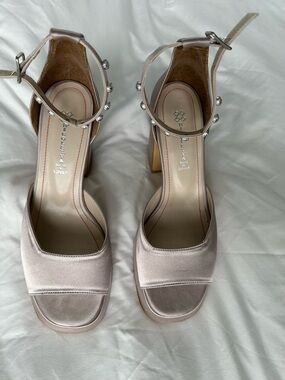 Metallic Blush Ankle-Strap Block Heel Sandals